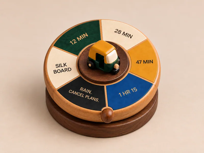Bartha Idini, a wooden spinner disc with six ETA segments and a tiny auto-rickshaw at its centre