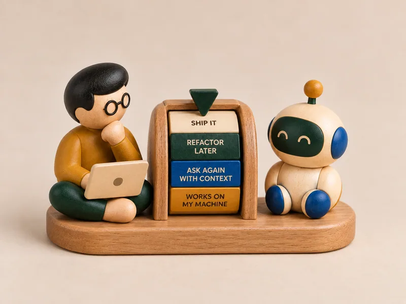 I Got It Bruh, a wooden engineer with a laptop and a small smiling robot either side of a flip sign that reads ship it