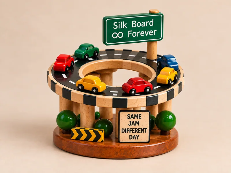 Silk Board Forever, a wooden flyover loop with six tiny cars, a green highway sign and a plaque that says same jam different day