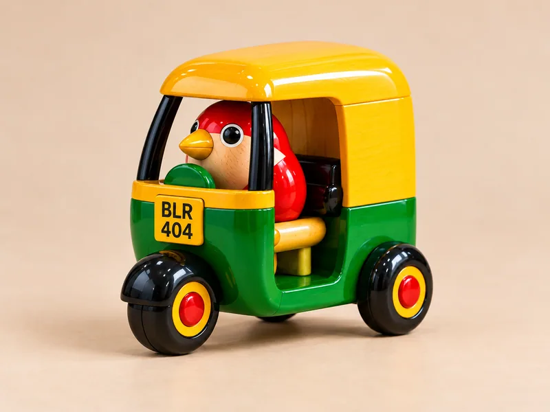 Traffic Kumar, a yellow and green wooden auto-rickshaw driven by a small red sparrow, number plate BLR 404