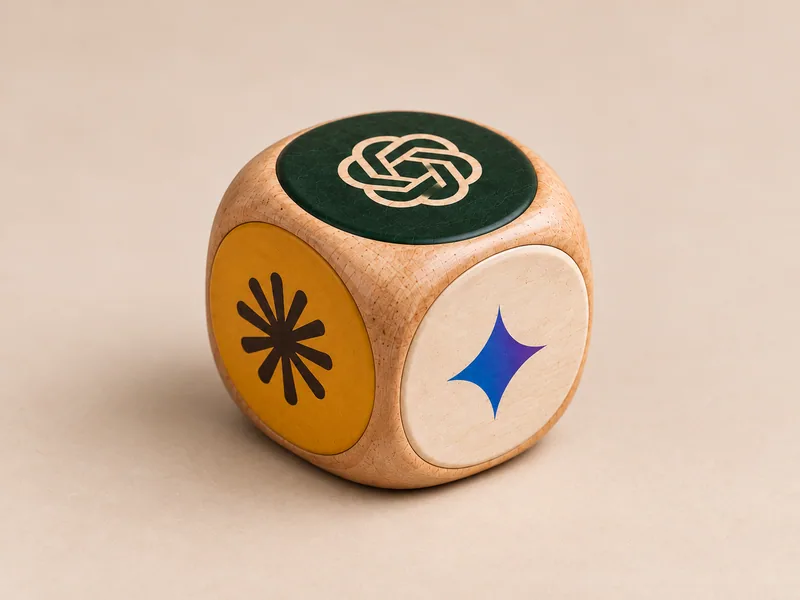 Yaavdu Dice, a chunky wooden dice with a different AI model logo inlaid on each face